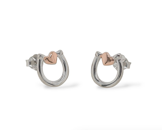 Sterling Silver & Rose Gold Studs - Horse Shoes with Hearts